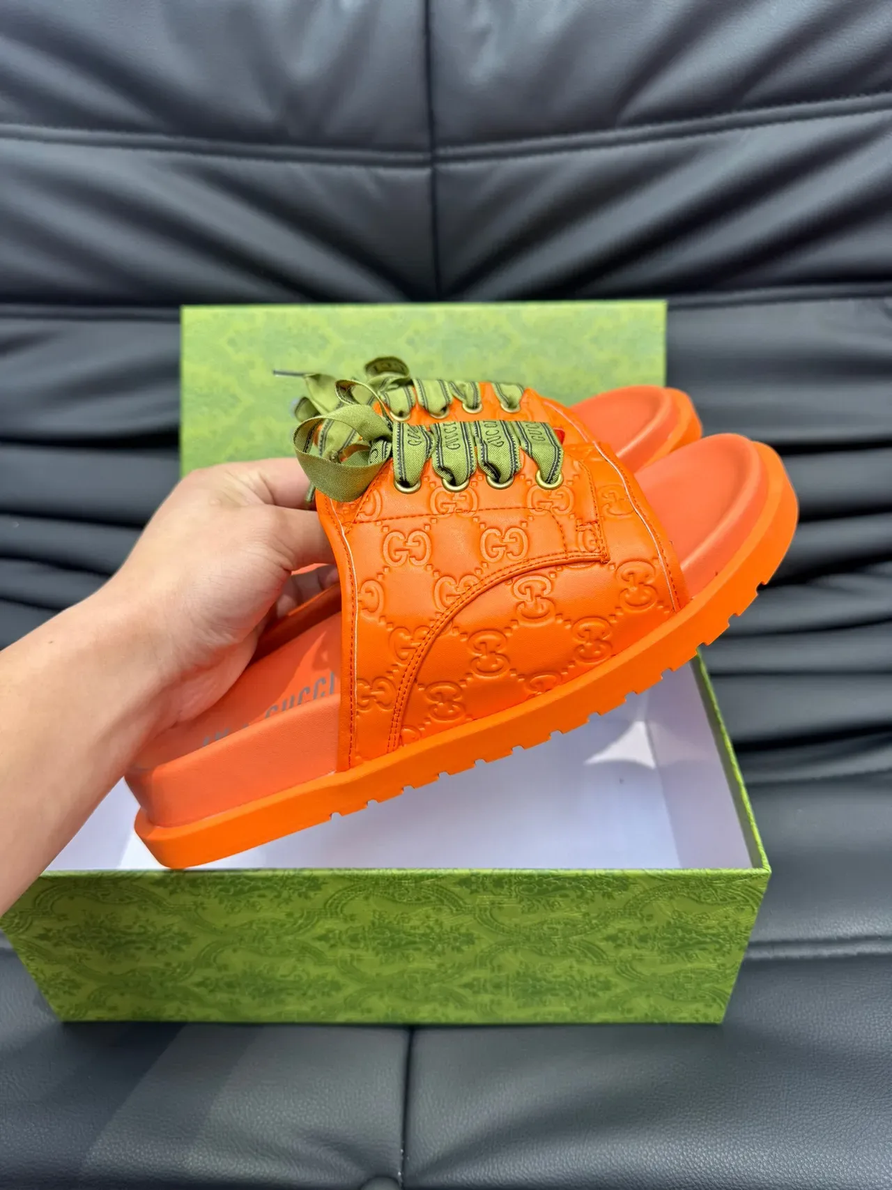 Gucci Screener Laranja GG Monogram Fita Rendilha Chinelos 6