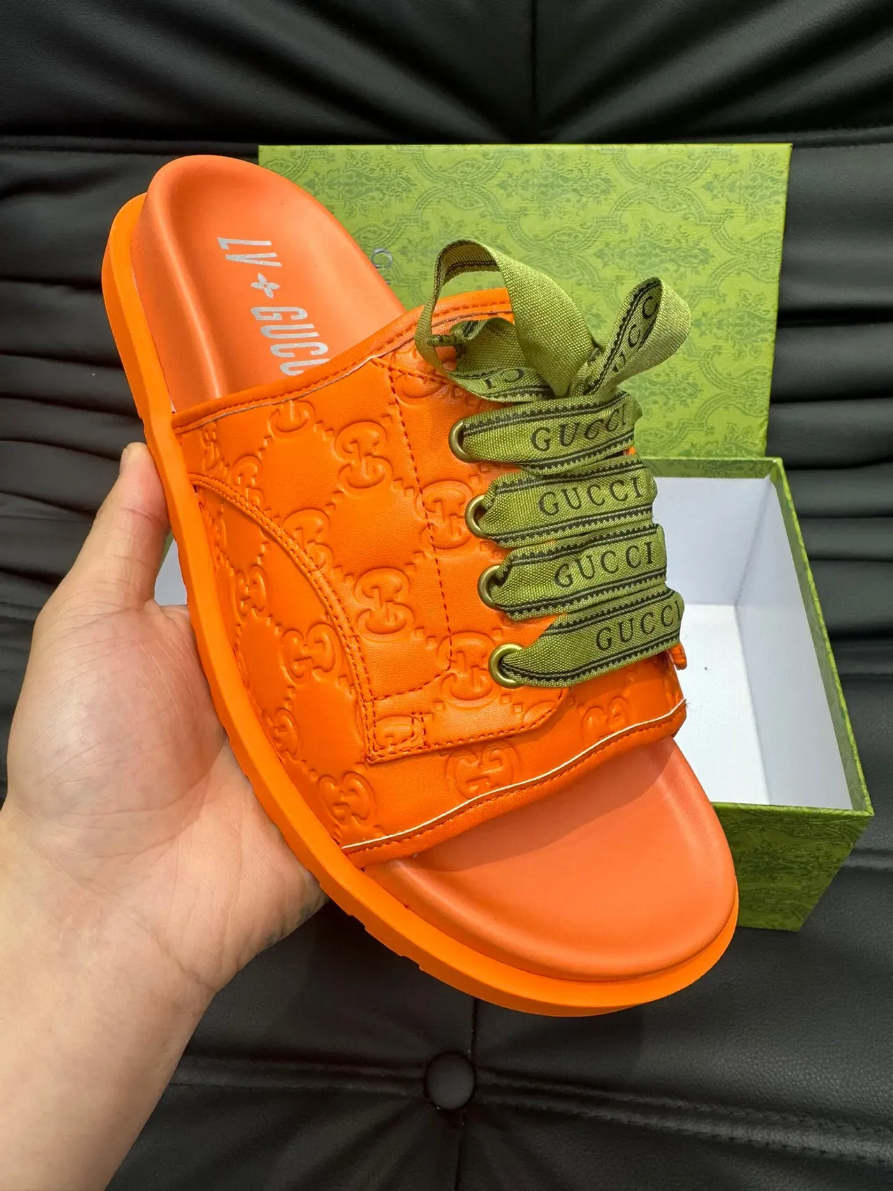 Gucci Screener Laranja GG Monogram Fita Rendilha Chinelos 7