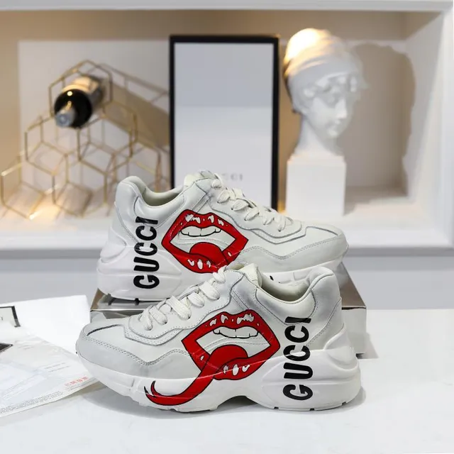 Gucci Screener 白红唇部图形粗厚运动鞋 5