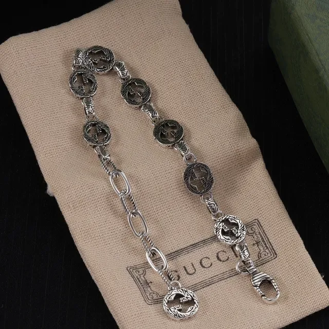 Gucci Silver Black Interlocking G Motif Oxidized Finish Bracelet 4