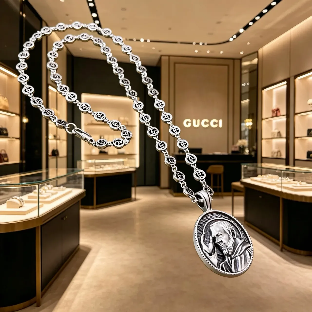 Gucci Silver Interlocking G-Link Chain Oval Engraved Medallion Pendant Necklace 2