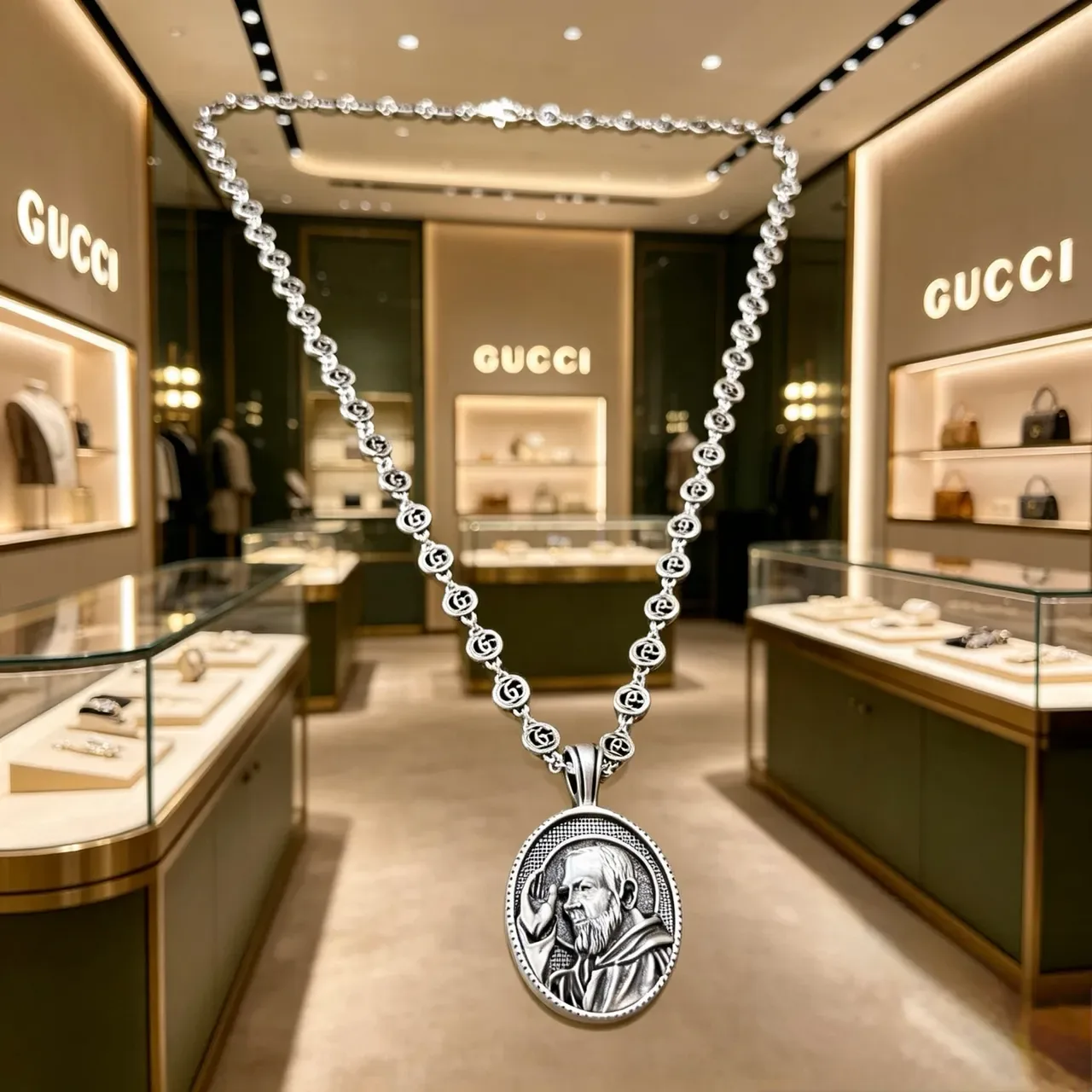 Gucci Silver Interlocking G-Link Chain Oval Engraved Medallion Pendant Necklace 9
