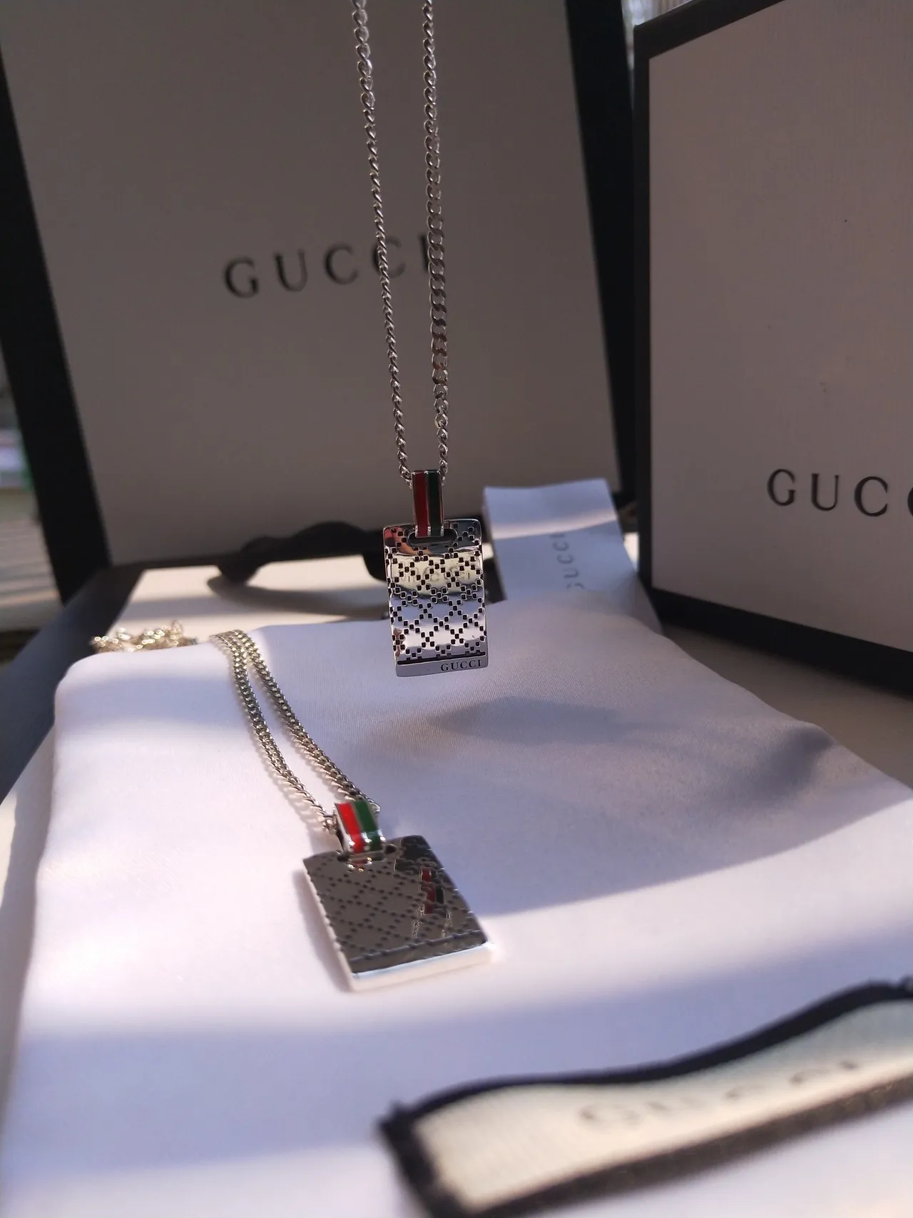 Gucci Silver Red Rectangular Perforated Pendant Enamel Web Stripe Bail Necklace 6