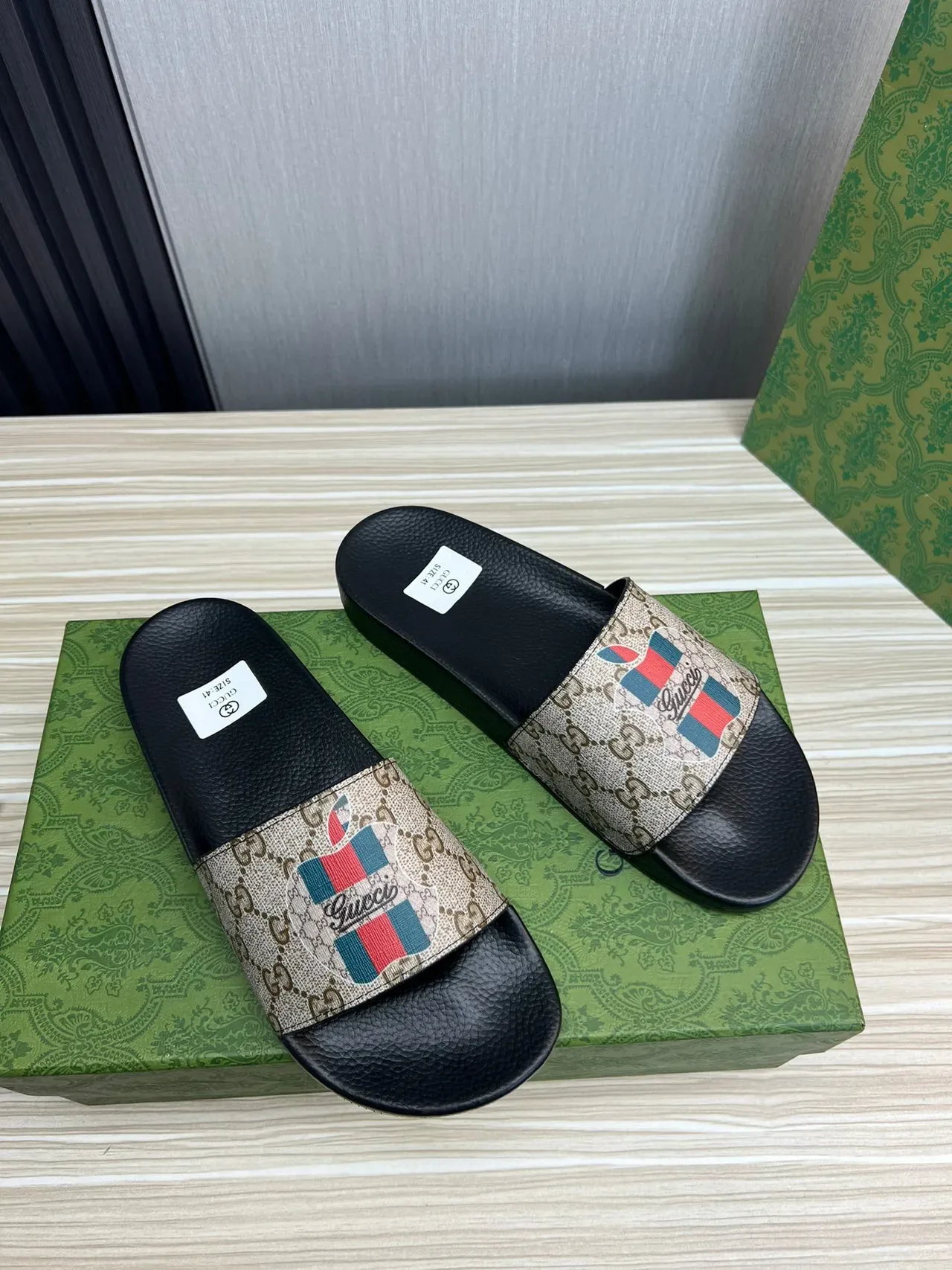 Gucci Slide Beige and Black GG Monogram Strap Slippers 6