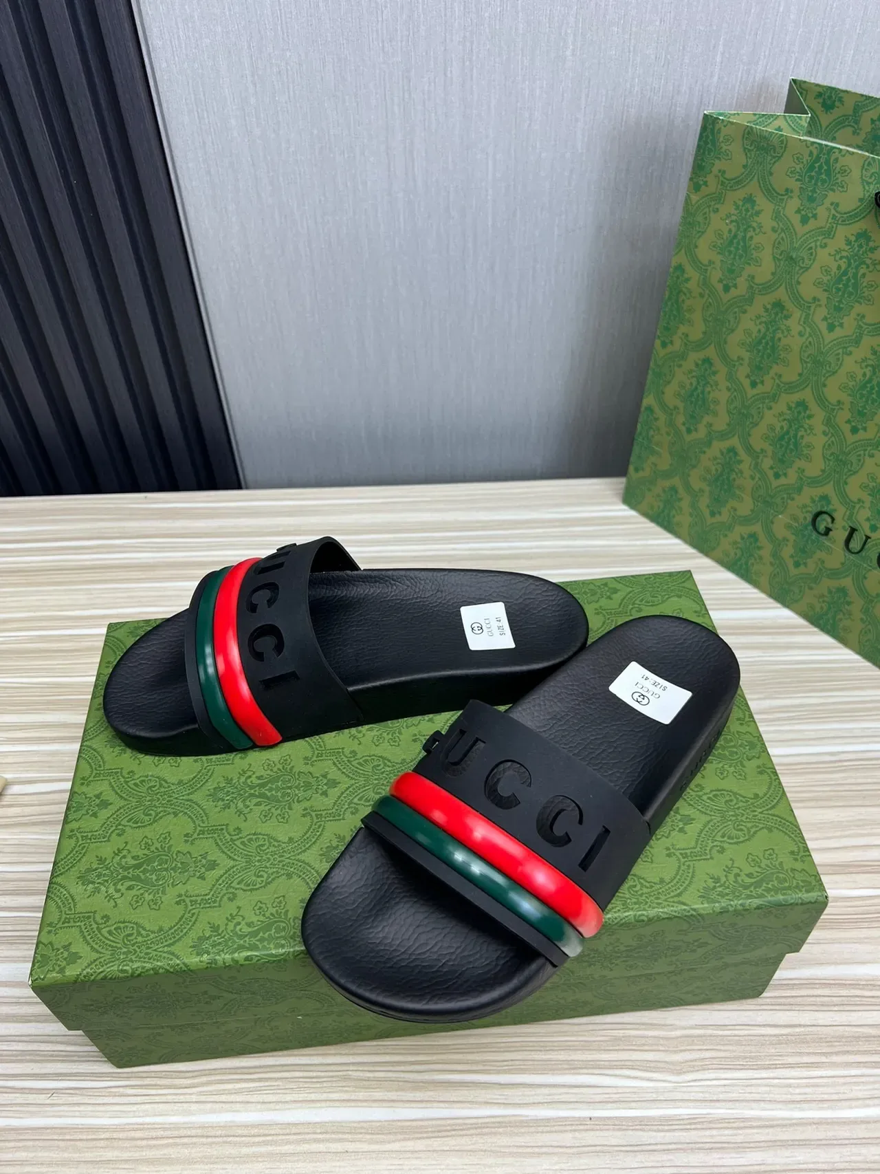 Gucci Slide Black Red Green Web Stripe Slippers 7