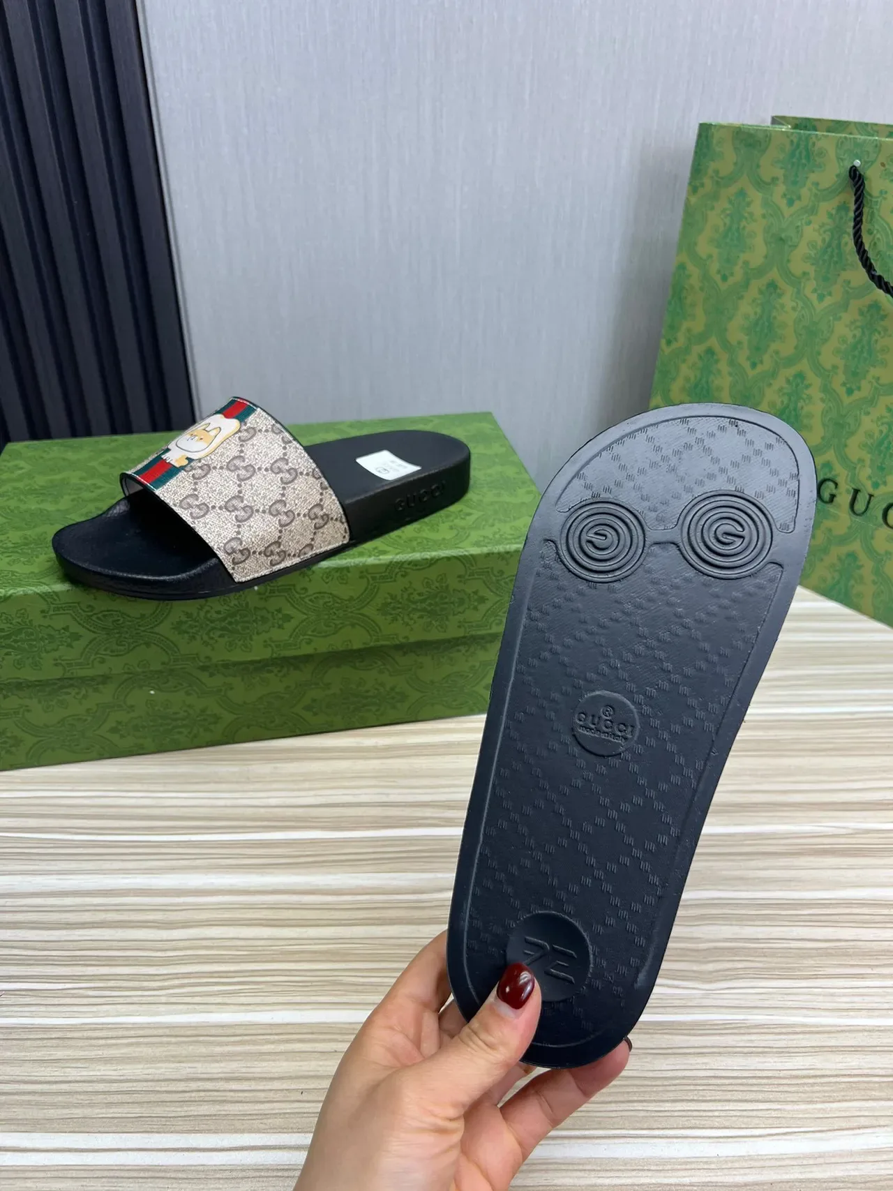 Gucci Slide GG Monogram Canvas Web Stripe Cartoon Dog Slippers 2