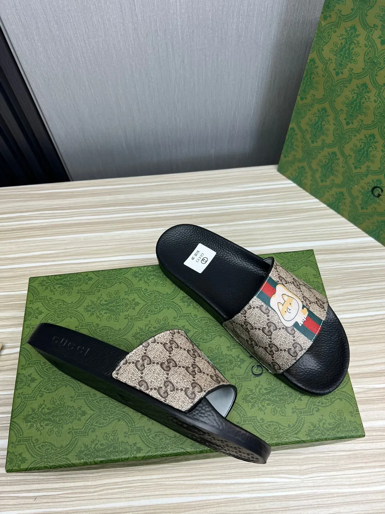 Gucci Slide GG Monogram Canvas Web Stripe Cartoon Dog Slippers 4