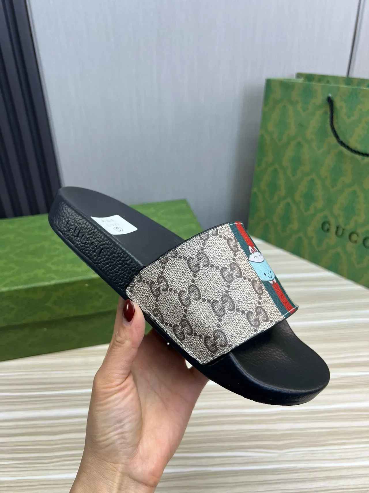 Gucci Slide GG Monogram Canvas Web Stripe Cartoon Dog Slippers 5