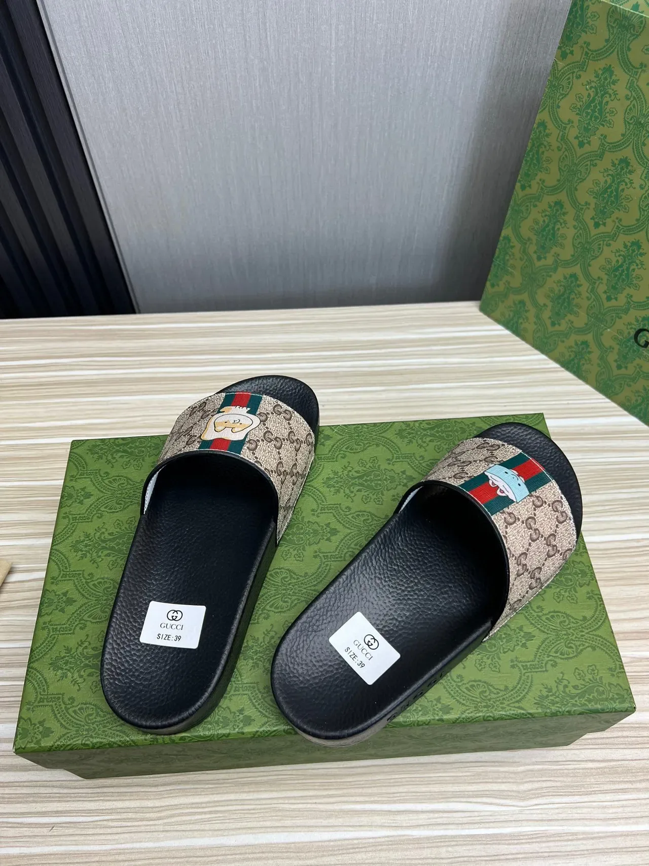 Gucci Slide GG Monogram Canvas Web Stripe Cartoon Dog Slippers 6