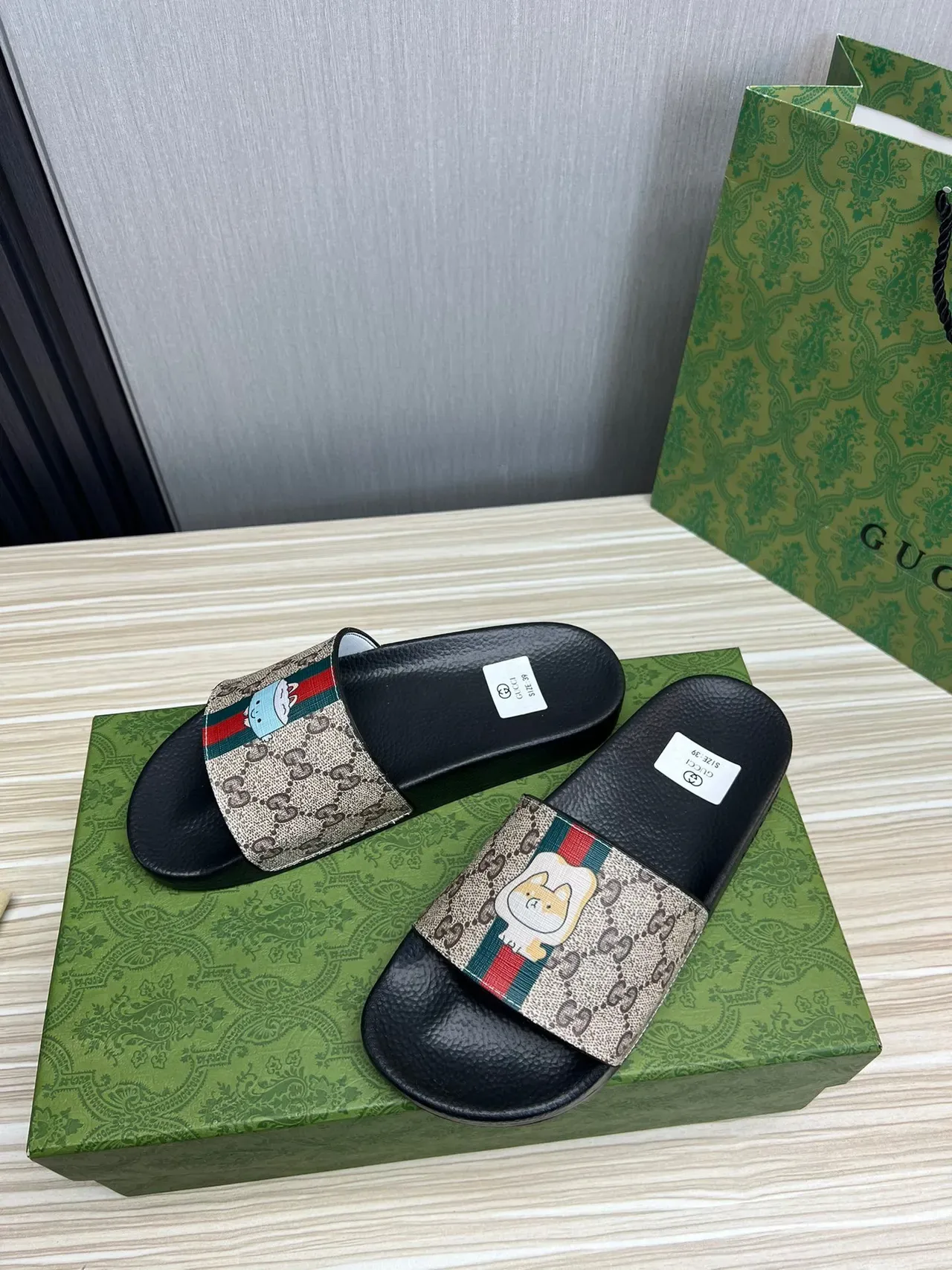 Gucci Slide GG Monogram Canvas Web Stripe Cartoon Dog Slippers 7