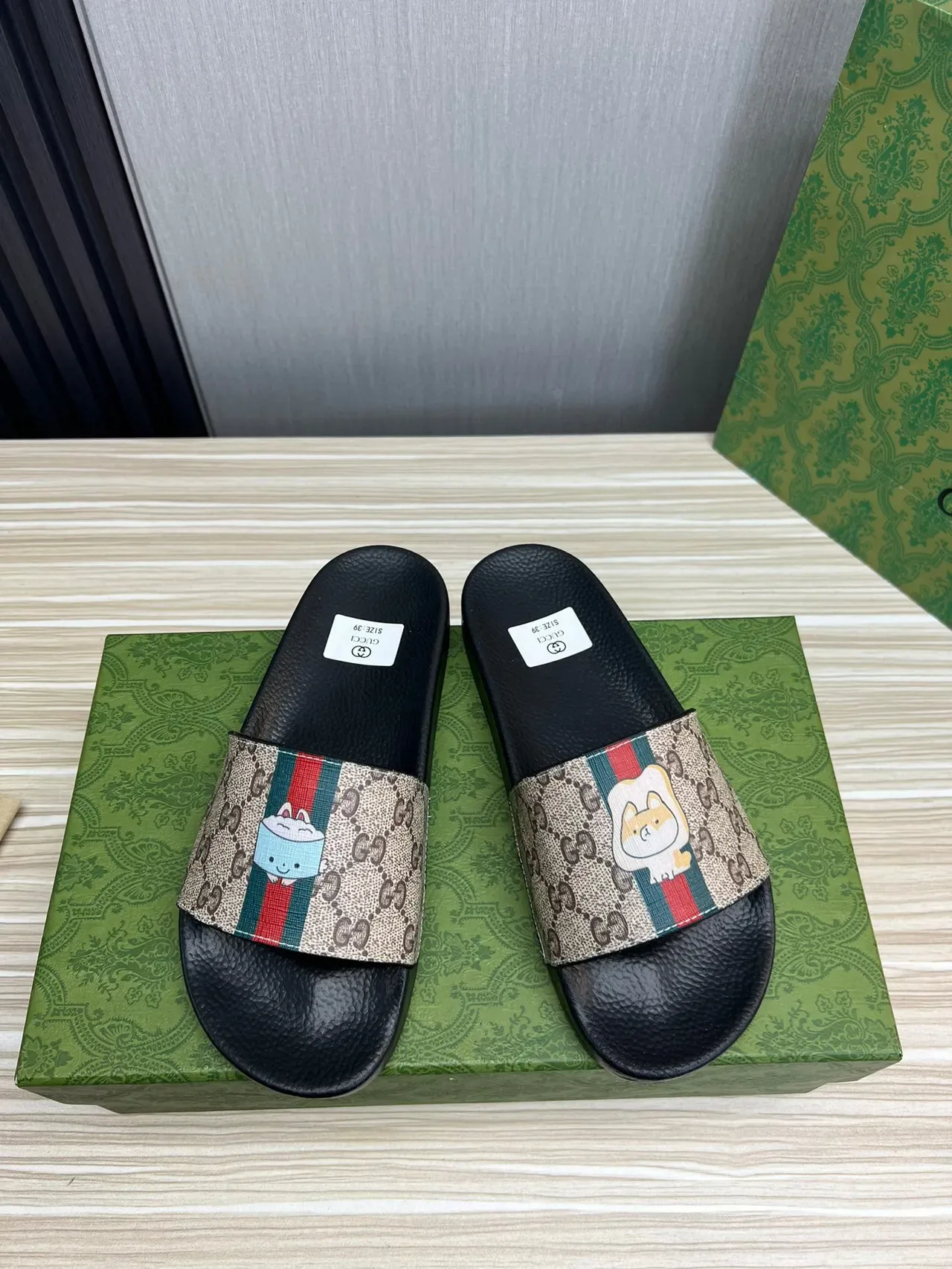 Gucci Slide GG Monogram Canvas Web Stripe Cartoon Dog Slippers 8