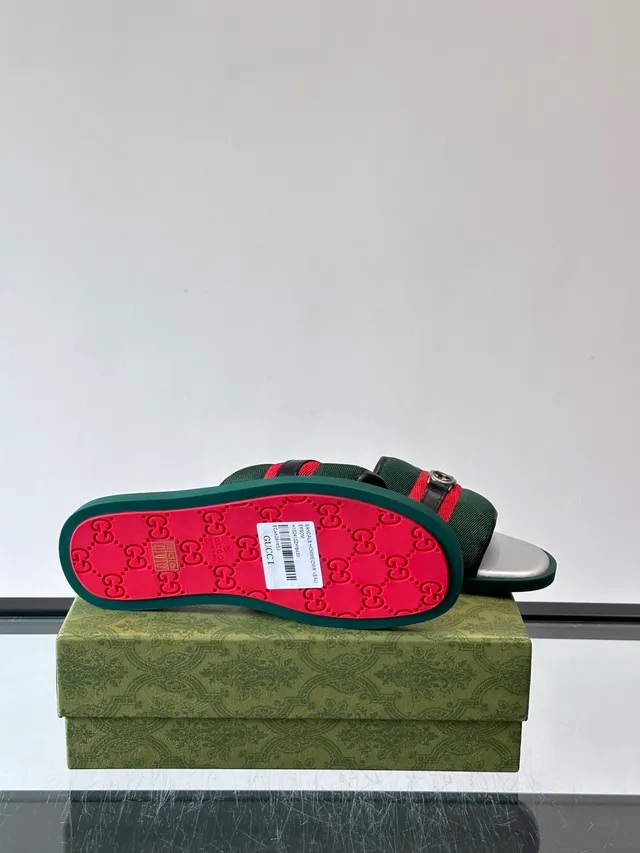Gucci Slide Green Red Silhouette Web Stripe Strap Slippers 2