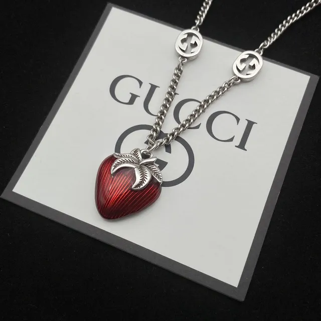 Gucci স্ট্রবেরি লাল চাঁদি এনামেল পেন্ড্যান্টস ইন্টারলকিং GG-লিঙ্ক চেইন হার 8