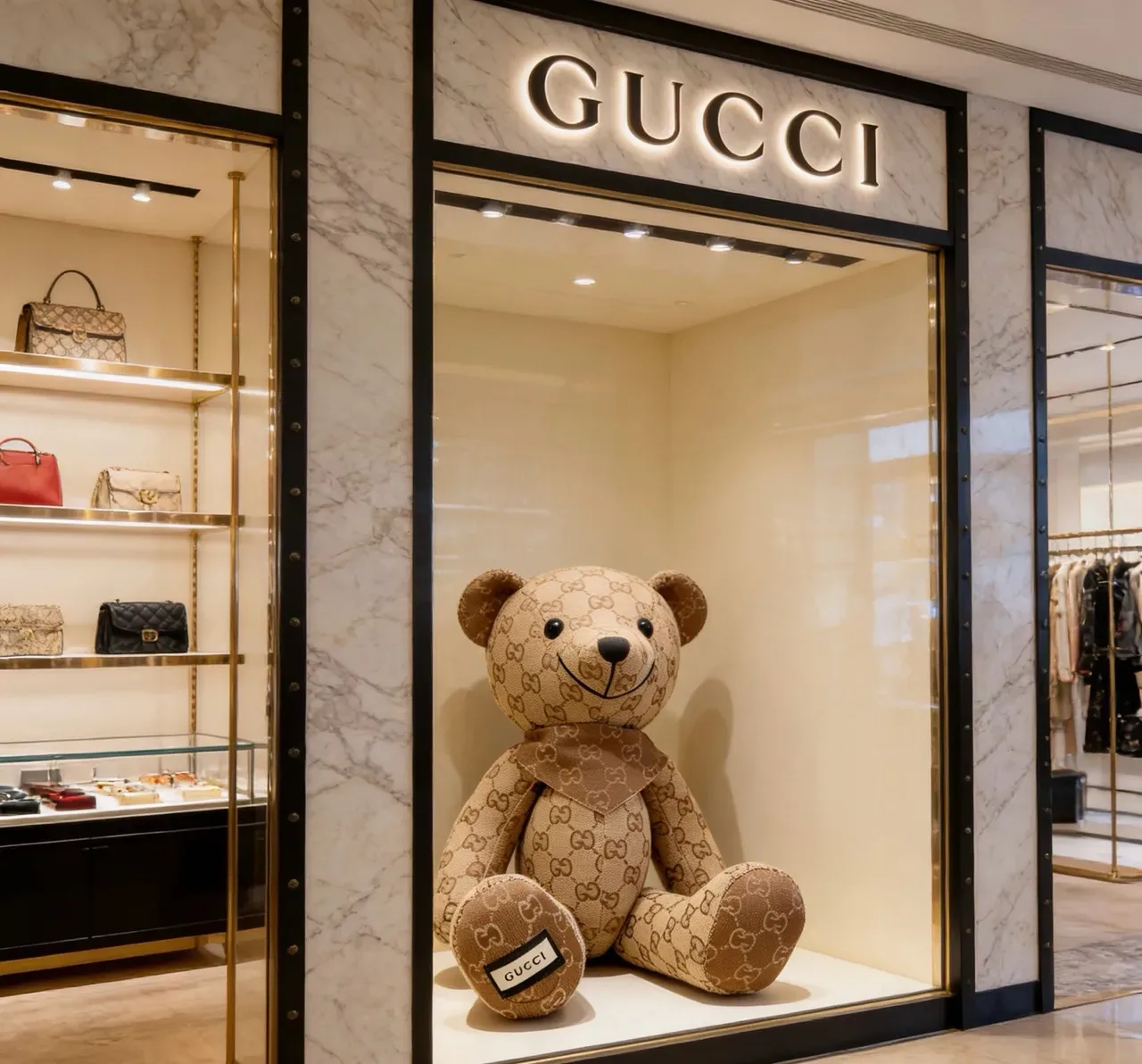Gucci Teddy Bear Bolso Beige Marrón GG Monogram Canvas Peluche Silueta 3
