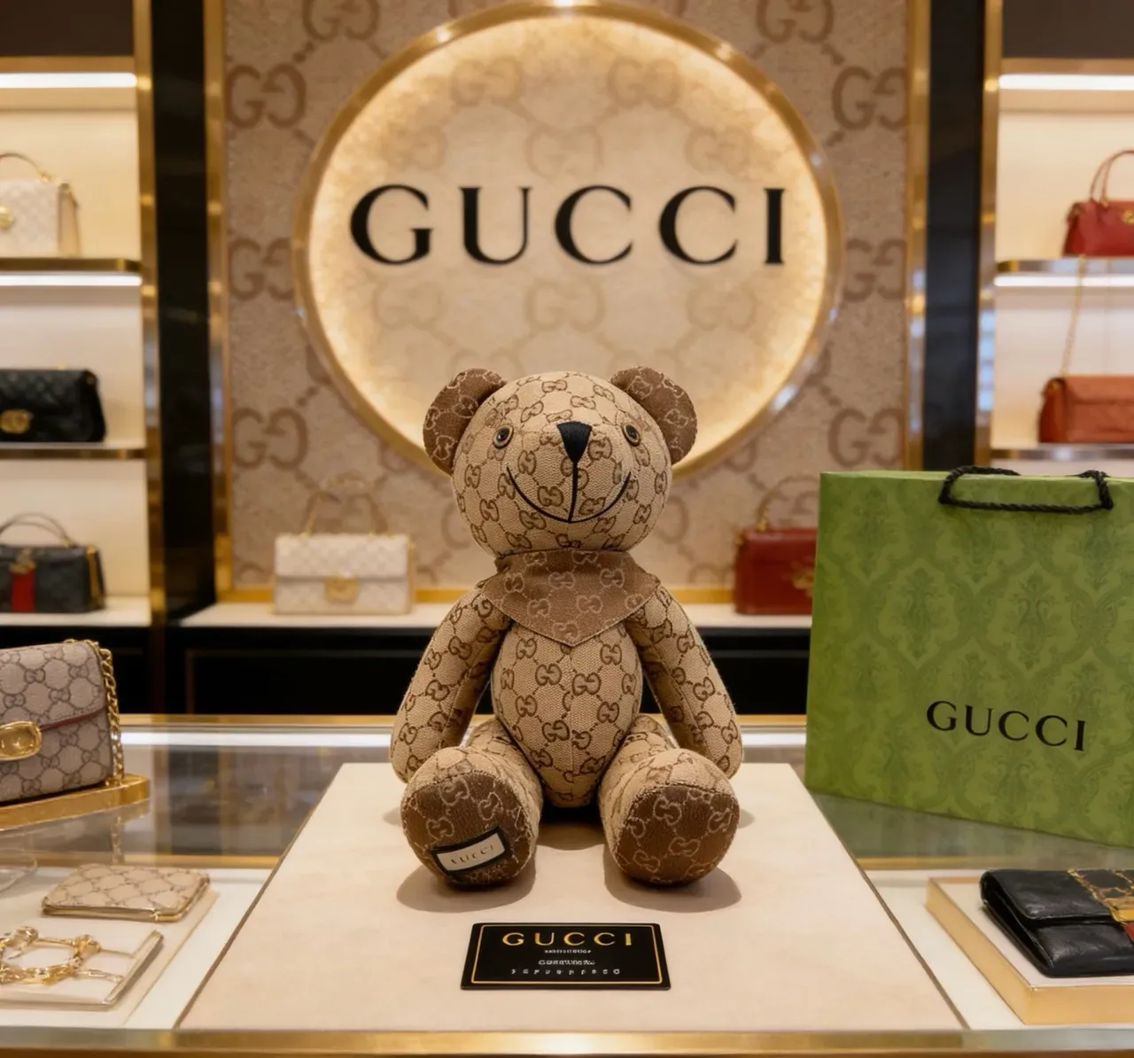 Gucci Teddy Bear Bolso Beige Marrón GG Monogram Canvas Peluche Silueta 5