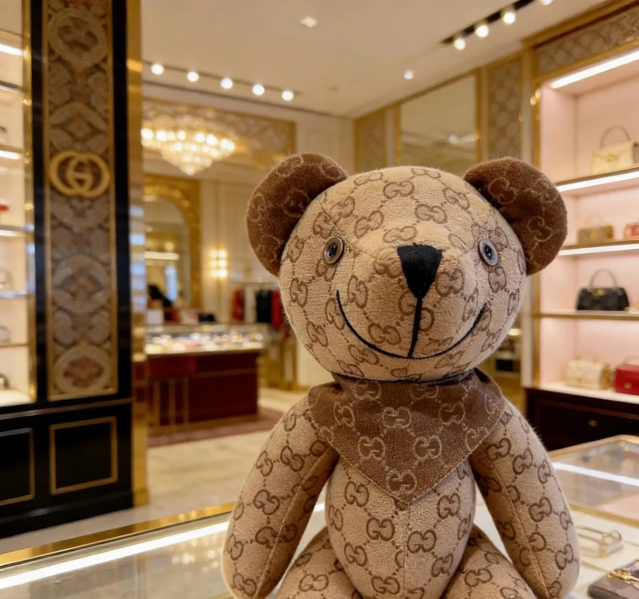 Gucci Teddy Bear Bolso Beige Marrón GG Monogram Canvas Peluche Silueta 8