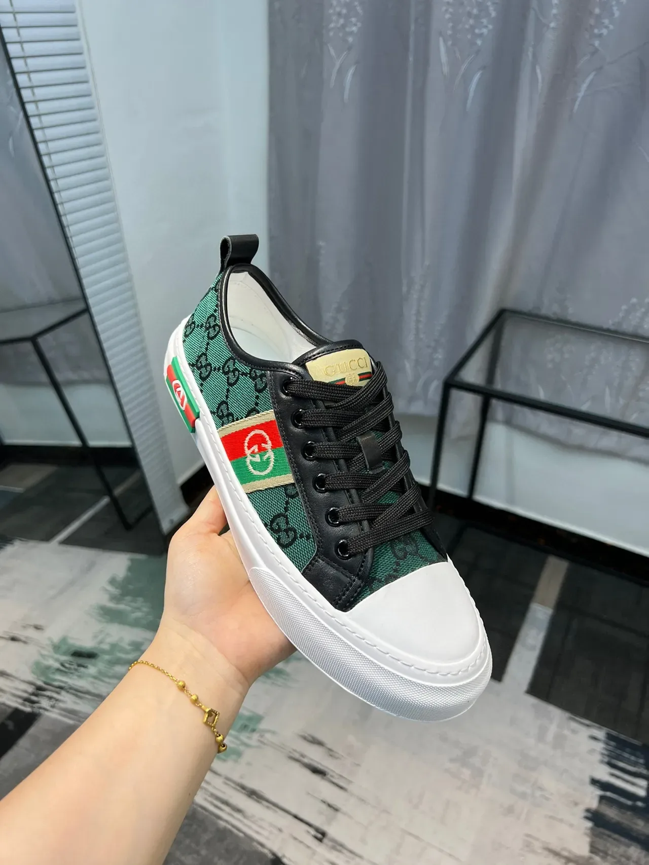 Gucci Tennis 1977 绿色 GG Monogram Web Stripe 生活方式运动鞋 5