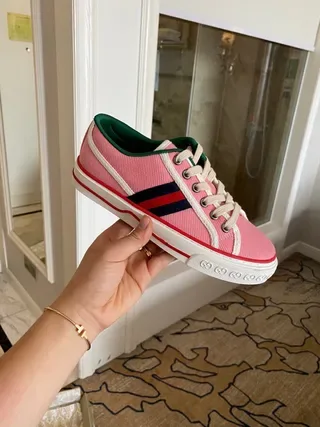 Gucci Tennis 1977 Tênis Lifestyle de Lona Rosa com Listra Web 3