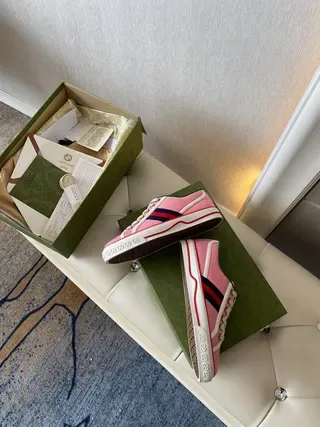 Gucci Tennis 1977 Tênis Lifestyle de Lona Rosa com Listra Web 6