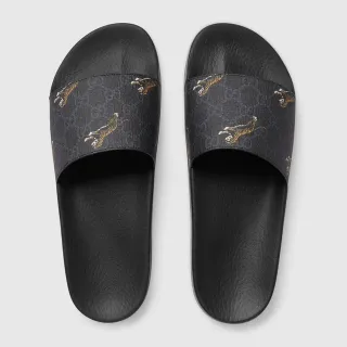 Gucci Tiger Slide 黑色 GG Supreme Strap 拖鞋