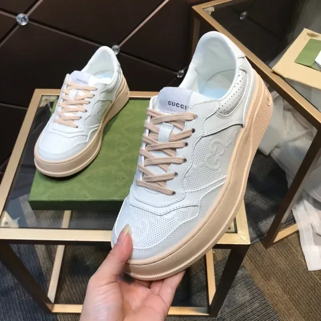 Gucci White Beige Platform Sole Perforated Leather Upper Lifestyle Sneakers 2