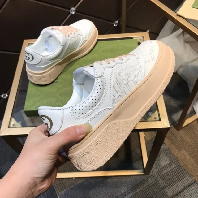 Gucci White Beige Platform Sole Perforated Leather Upper Lifestyle Sneakers 4