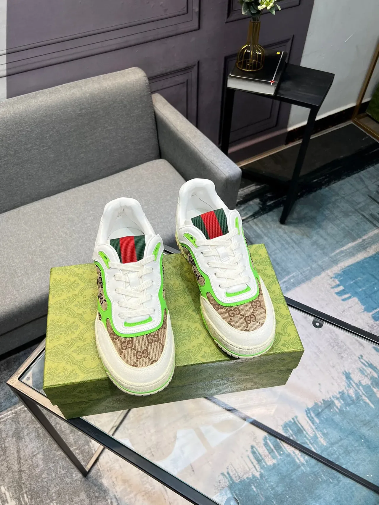 Gucci সাদা সবুজ GG Monogram ক্যানভাস নিওন পাইপিং লাইফস্টাইল স্নিকার্স 8
