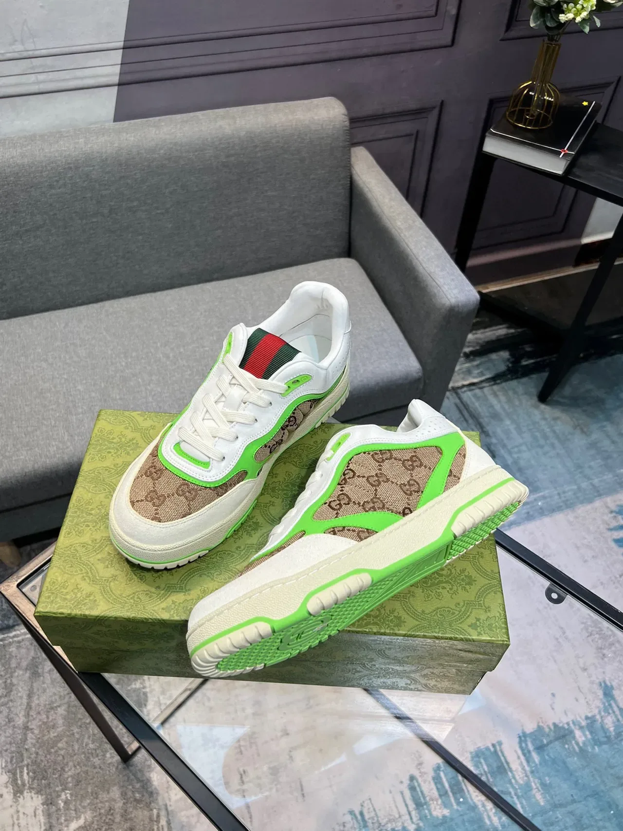 Gucci সাদা সবুজ GG Monogram ক্যানভাস নিওন পাইপিং লাইফস্টাইল স্নিকার্স 9