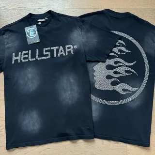 Hellstar Rhinestone Logo Washed Black Flame Graphic T-Shirt