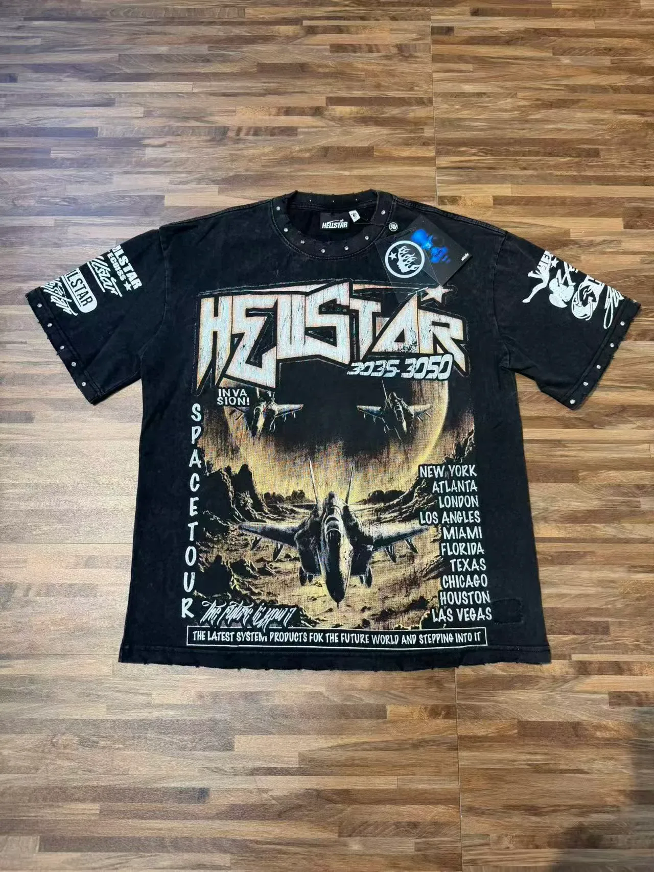 Hellstar Space Tour 3035 3050 做旧黑色铆钉印花T恤 2