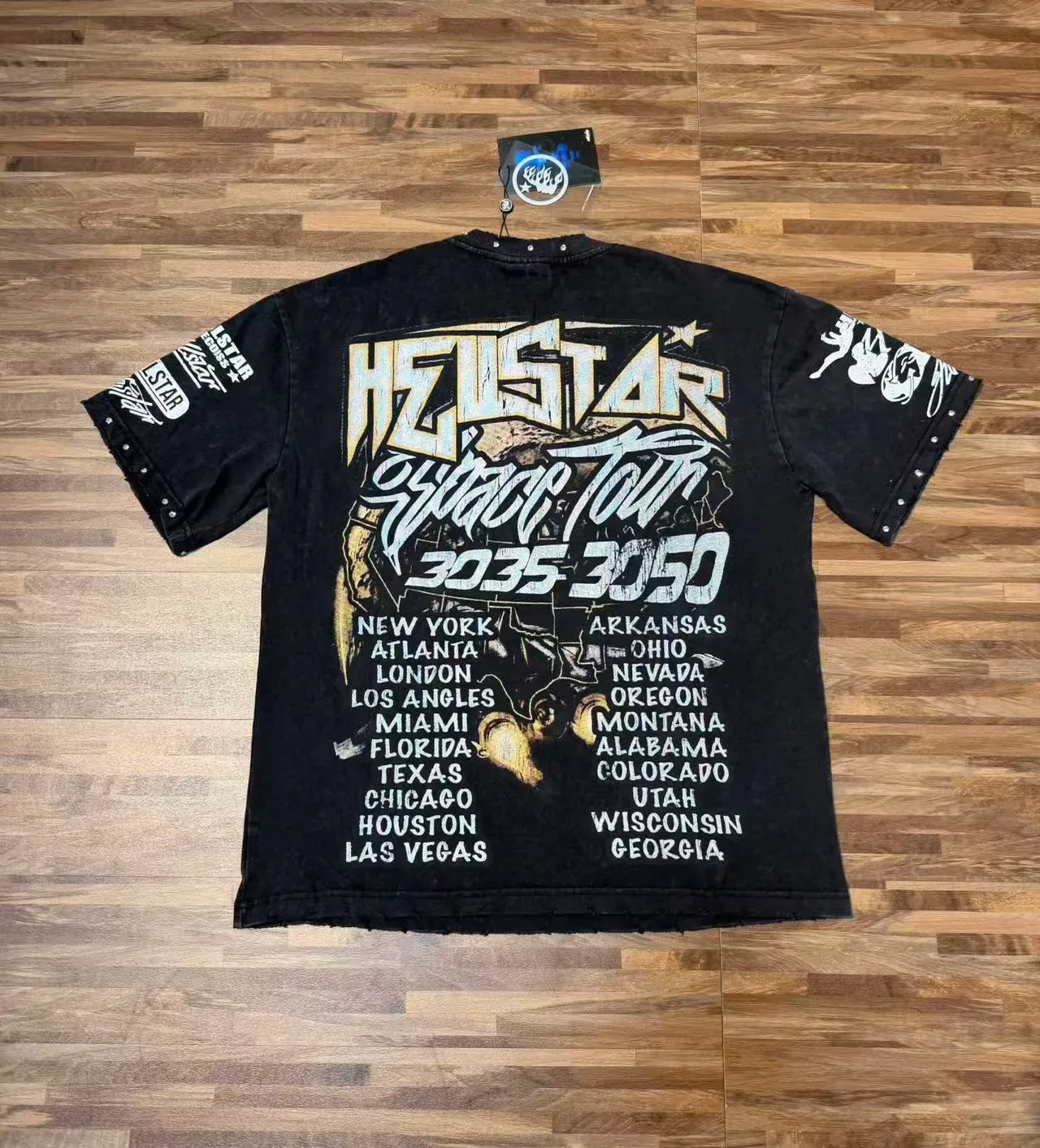 Hellstar Space Tour 3035 3050 做旧黑色铆钉印花T恤 3
