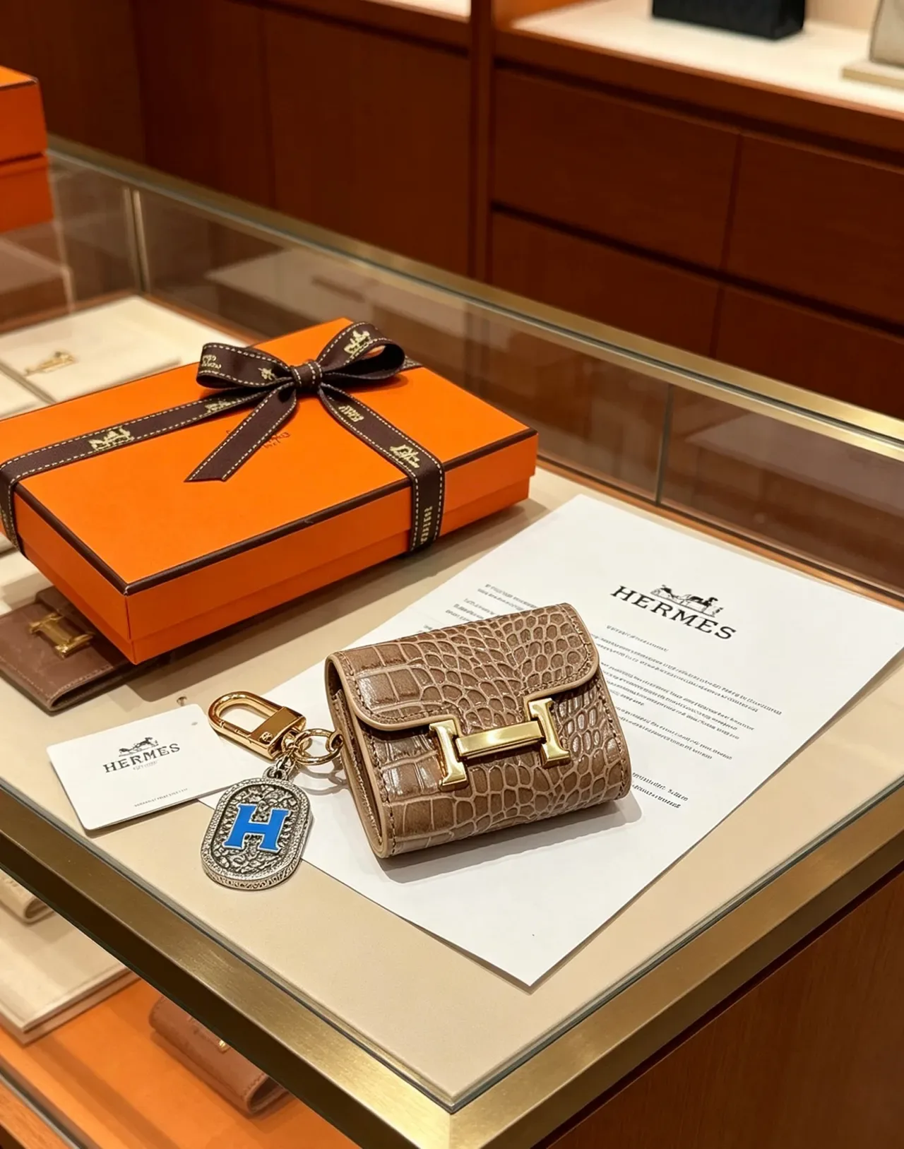 Hermès बेज गोल्ड मगरमच्छ त्वचा H-Turnlock Clasp सिक्का थैली 3