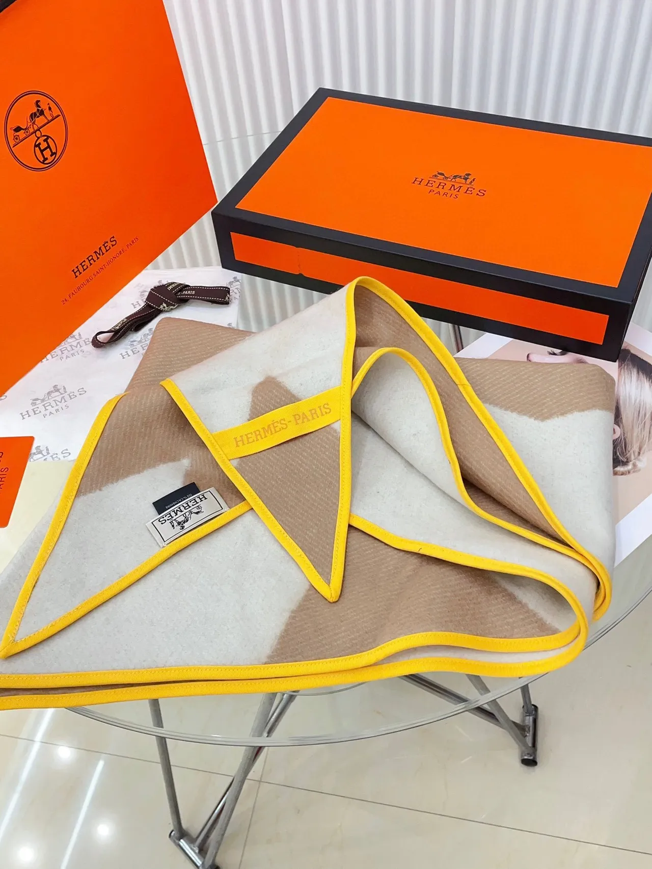 Hermès Beige Yellow Woven Grosgrain Border Geometric Pattern Scarve 8