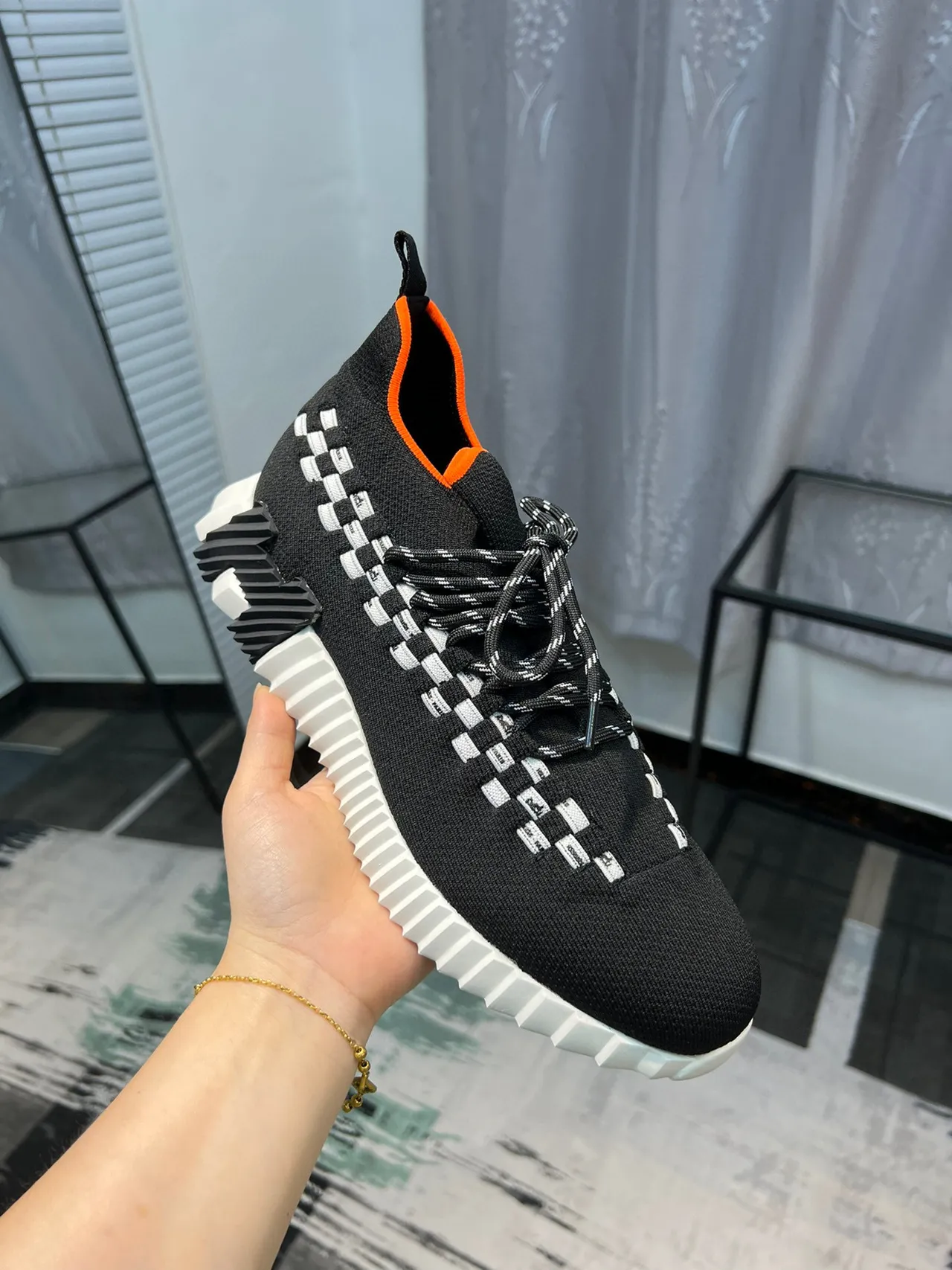 Hermès Black Orange Knit Sock-Fit Upper Woven Checkerboard Strap Lifestyle Sneakers 7
