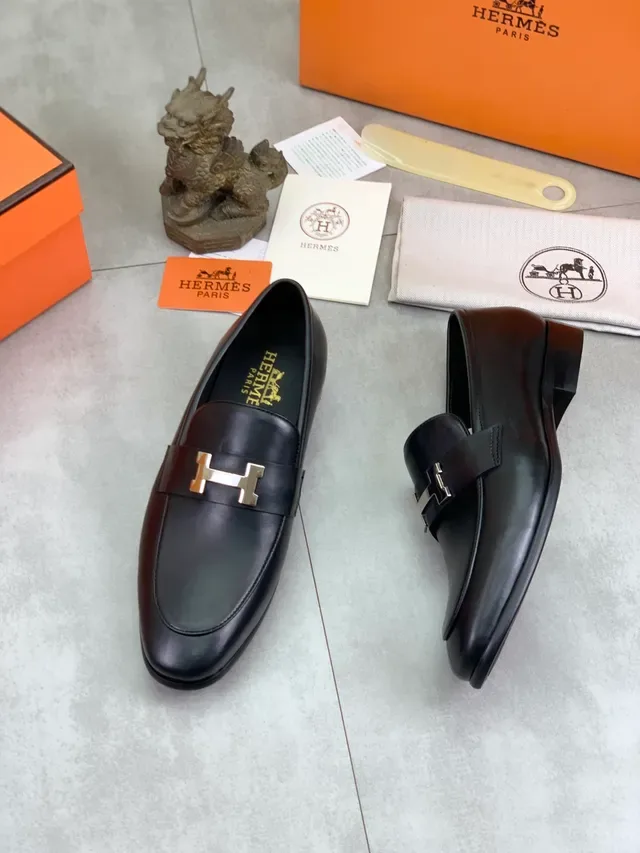 Hermès Black Silver Smooth Leather H-Shaped Metal Buckle Loafer 6