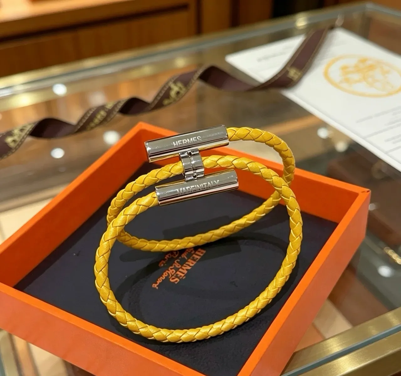 Hermès Braided Yellow Leather Double-Wrap Bracelet 2