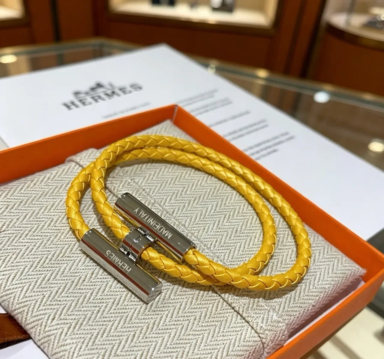 Hermès Braided Yellow Leather Double-Wrap Bracelet 5