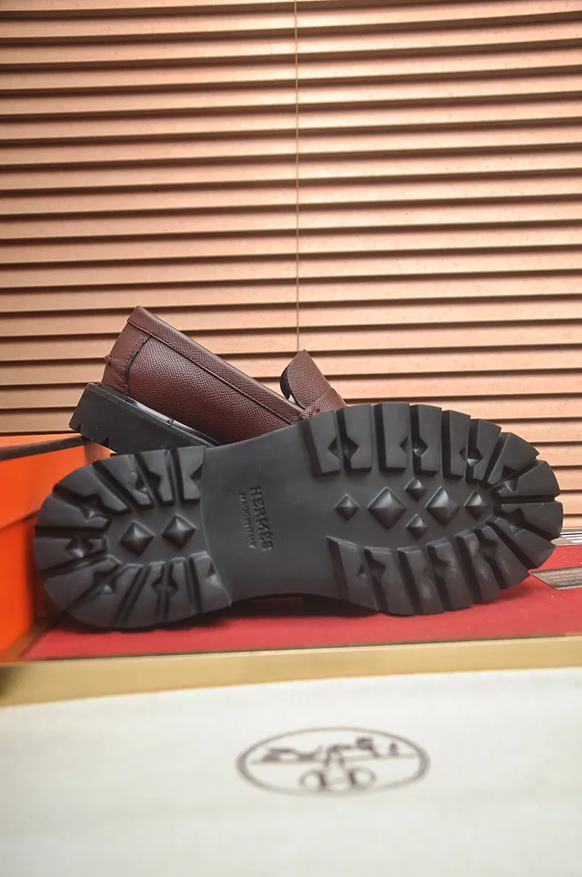 Hermès Brown Black Pebbled Leather Penny Strap Loafer 3