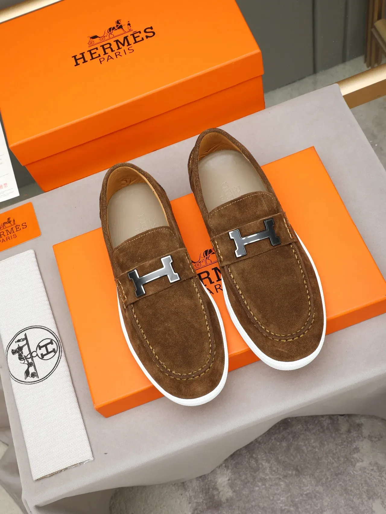 Hermès Brown White Suede Upper H-Buckle Strap Loafer 2