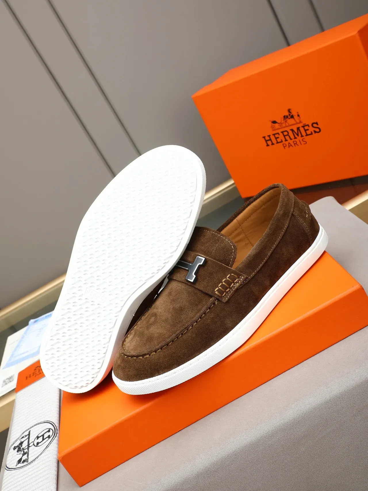 Hermès Brown White Suede Upper H-Buckle Strap Loafer 4