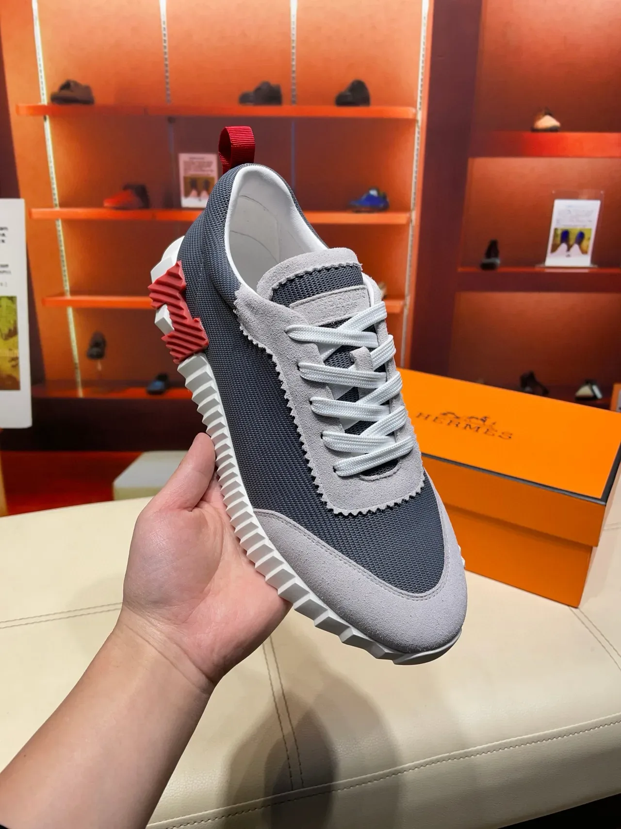 Hermès Gray and Red Lifestyle Sneakers 4