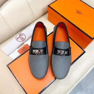 Hermès 灰黑纹理皮革 橙色内衬 乐福鞋