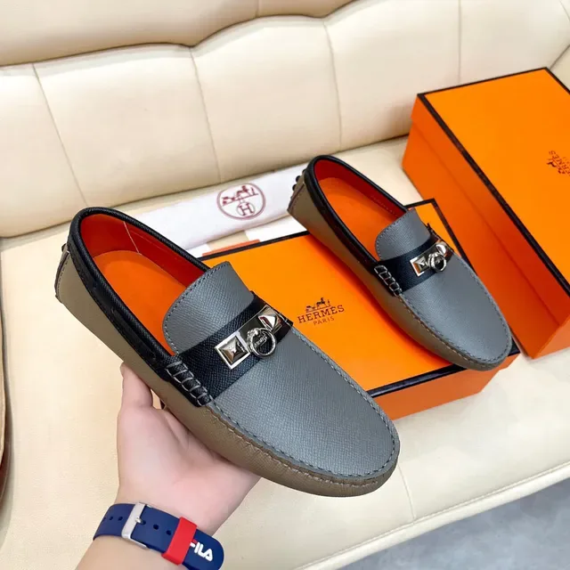 Hermès Gray Black Textured Leather Orange Interior Lining Loafer 5