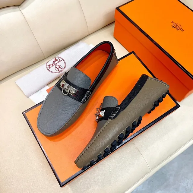 Hermès Gray Black Textured Leather Orange Interior Lining Loafer 9