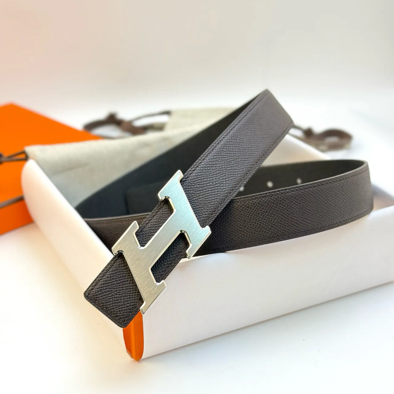 Hermès H Belt Black Blue Textured Buckle Leather Belt 2