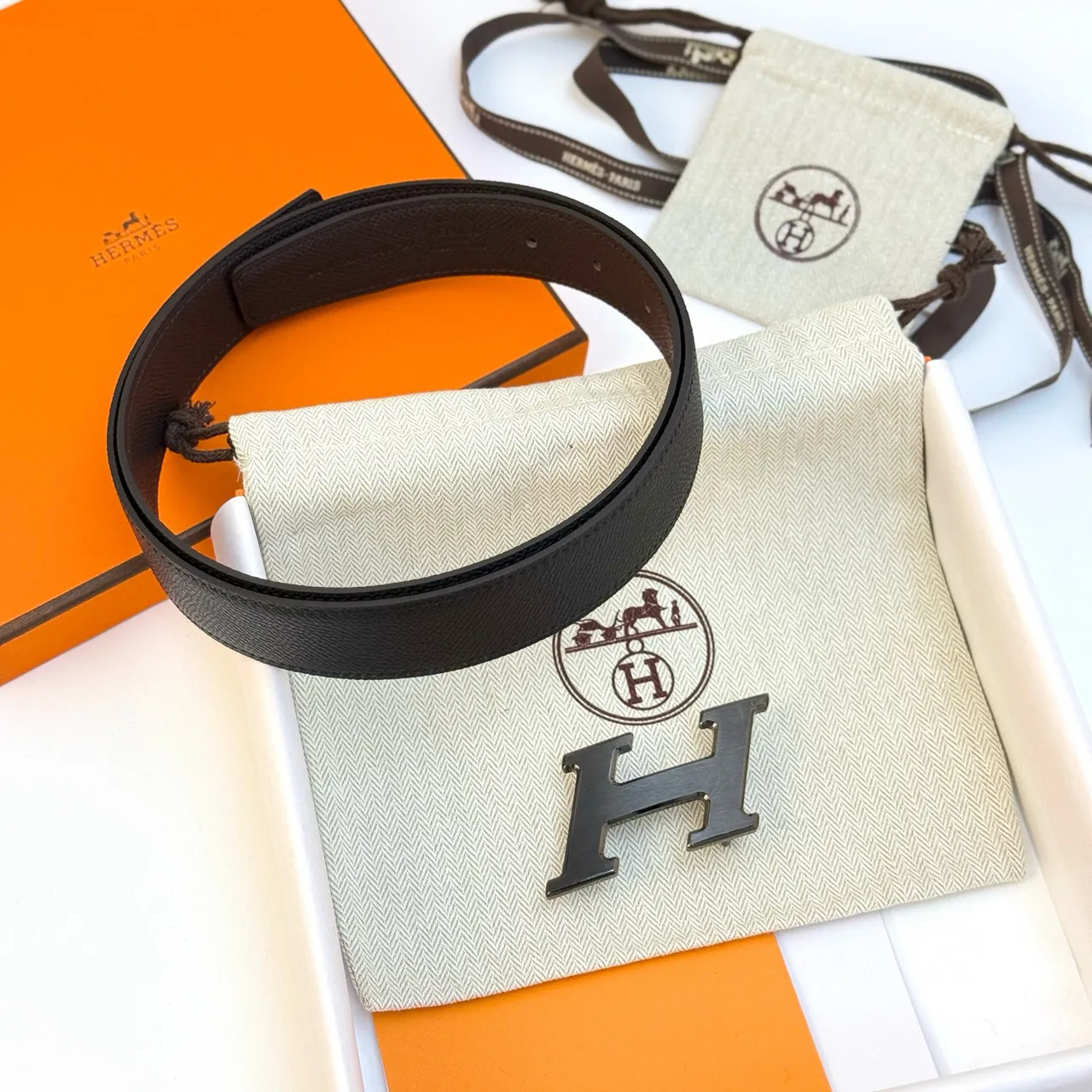 Hermès H Belt Black Blue Textured Buckle Leather Belt 13