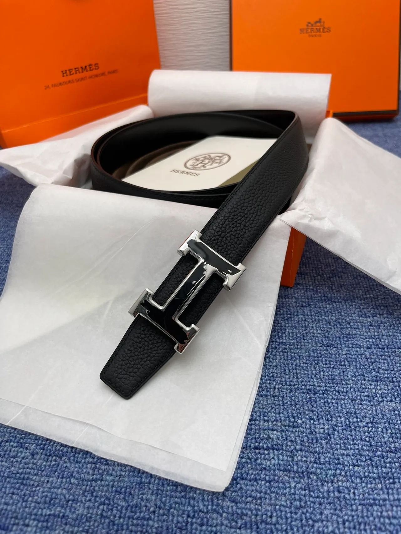 Hermès H Belt حزام جلد أسود حبيبي إبزيم ذهبي حزام جلد 4