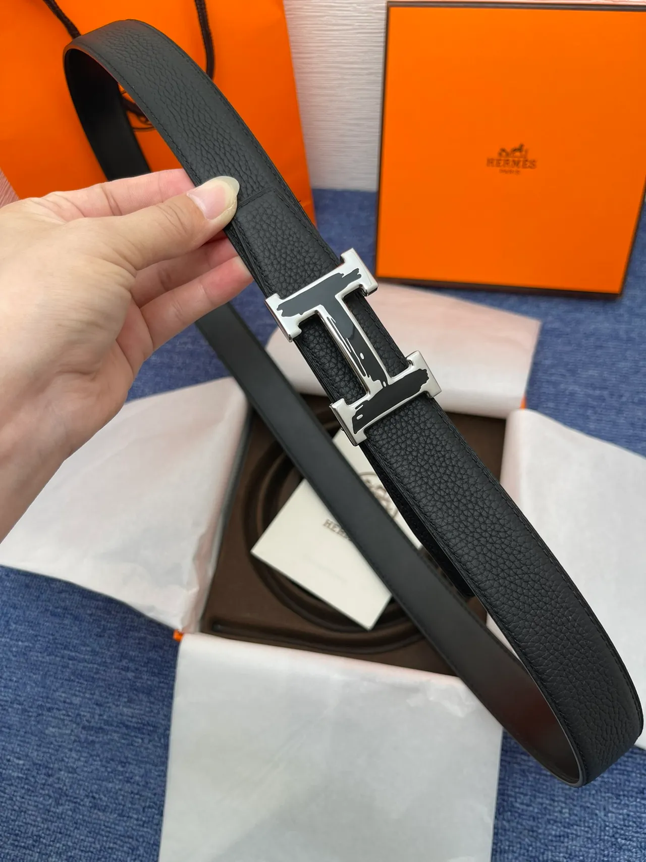 Hermès H Belt حزام جلد أسود حبيبي إبزيم ذهبي حزام جلد 5