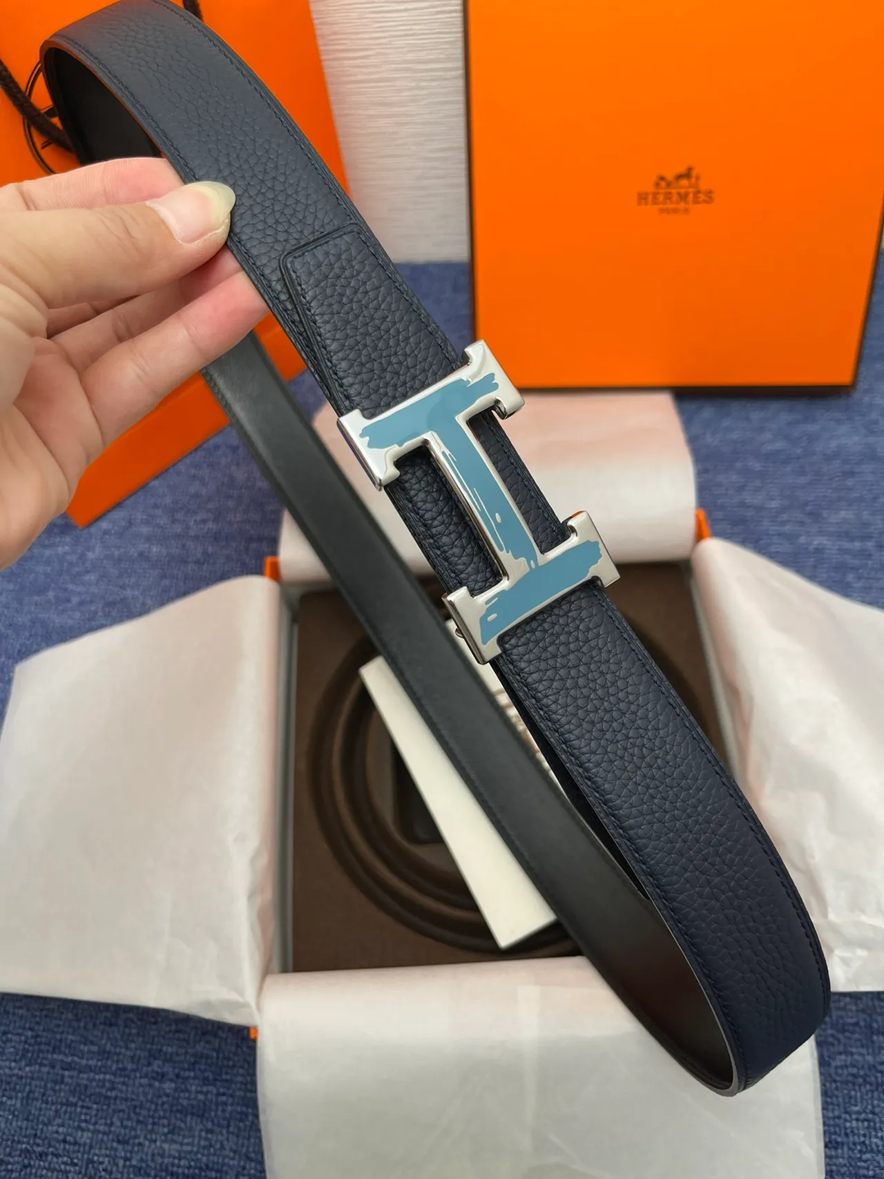 Hermès H Belt حزام جلد أسود حبيبي إبزيم ذهبي حزام جلد 8