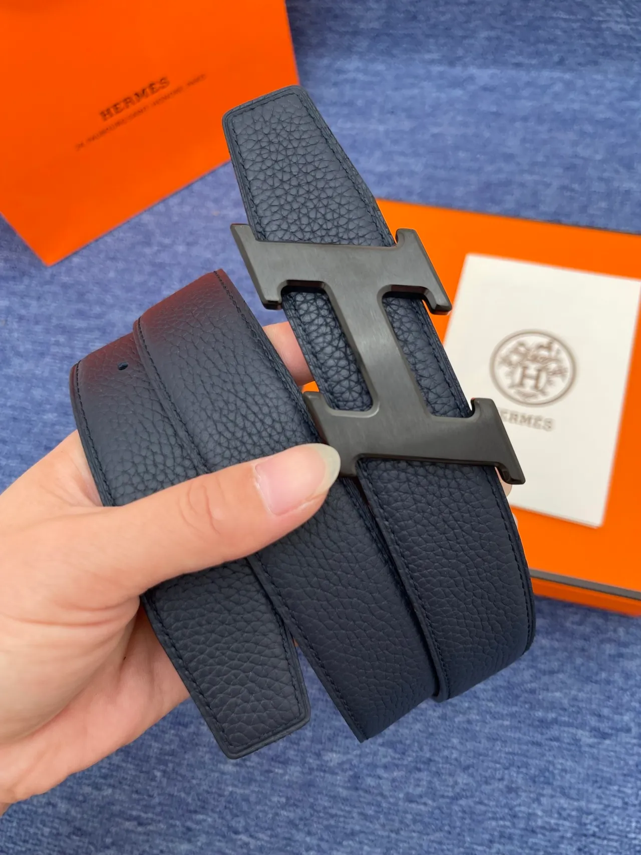 Hermès H Belt حزام جلد أسود حبيبي إبزيم ذهبي حزام جلد 10